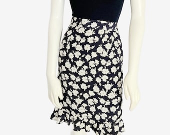 Vintage Black Floral Print Mini with Ruffle Hem / Made in France / size Small