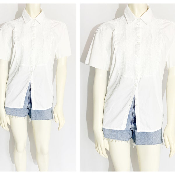 Vintage PIERRE CARDIN PARIS White Cotton Short Sleeve Blouse with Smocked Front / size Small - Medium