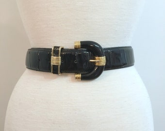 Vintage BLACK PATENT LEATHER Belt with Gold Accents / size large
