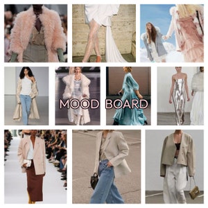 May include: A mood board featuring various fashion styles. The board includes images of women wearing different outfits, including a white dress, a blue dress, a silver dress, a brown skirt and blazer, a white shirt and jeans, and a pink fur coat.