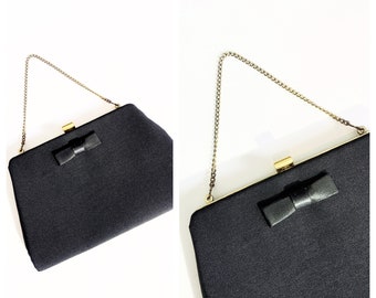 Vintage BLACK EVENING BAG with Bow and Gold Chain Handle