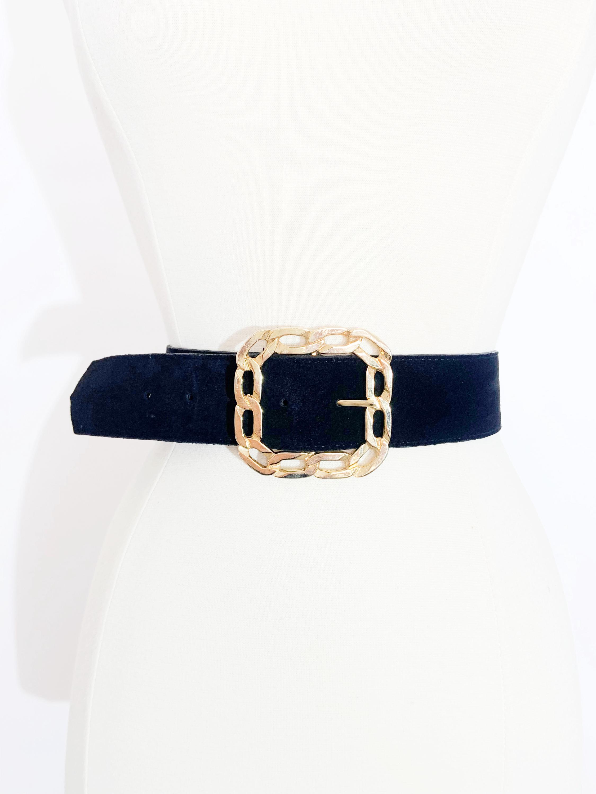 Vintage Wide Black Suede Belt With Gold Chain Buckle / Size  display picture 3
