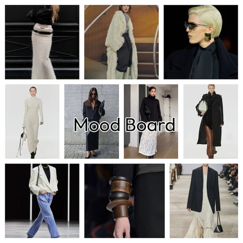 May include: A mood board with nine images featuring different fashion styles. The images include a woman wearing a white knitted dress, a woman wearing a black blazer and skirt, a woman wearing a white fur coat, a woman wearing a black coat, a woman wearing a white lace skirt, a woman wearing a black coat and brown boots, a woman wearing a white blazer and blue jeans, a close-up of a wooden bracelet, and a woman wearing a black blazer and a white dress.
