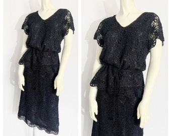 Vintage BLACK CROCHET SET / Top and Skirt Set / Size Medium