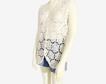 Vintage 1990s Beige Crochet Knit Button Front Vest / size Small - Medium