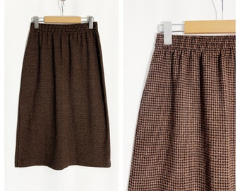 Vintage KNIT MIDI SKIRT in Brown and Black Houndstooth Print / size Small - Medium