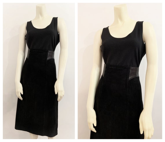 Vintage BLACK SUEDE MIDI Skirt / size Large