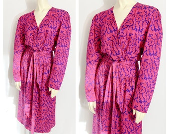 Vintage SILK WRAP DRESS in Bright Pink and Blue / size Large - Extra Large