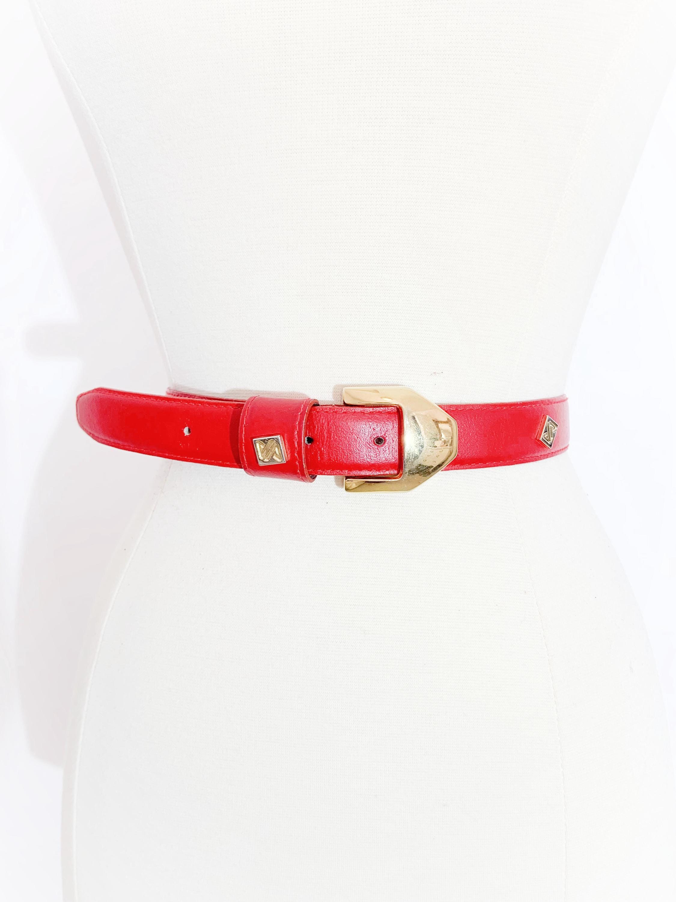 Vintage Red Leather Belt With Gold Tone Metal Buckle and  display picture 1
