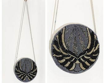 Vintage ROUND BEADED EVENING Bag with Long Cord Strap