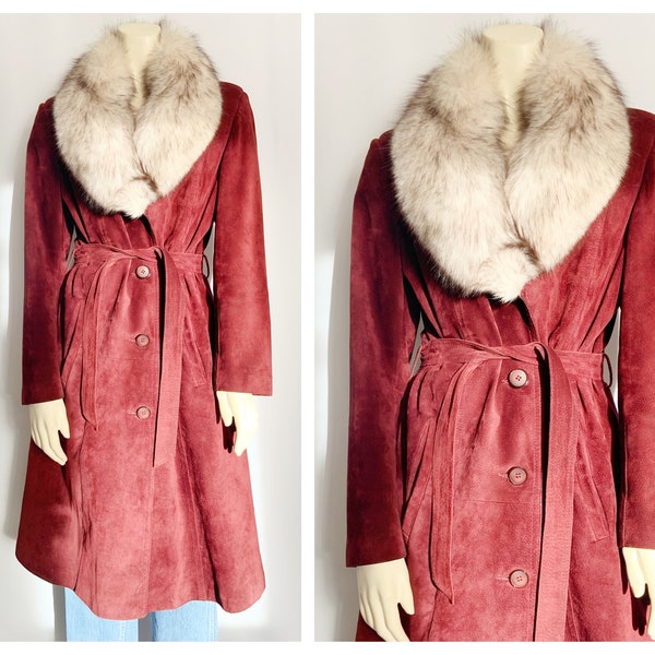 Vintage WINE SUEDE COAT with Fur Collar / Belted Suede Coat with Fur Collar / size Medium