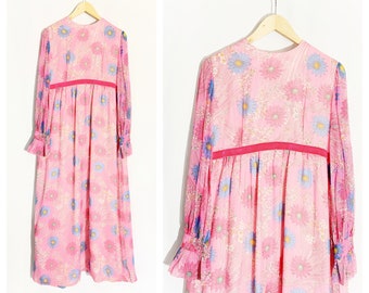 SALE / Vintage 1970s PINK FLORAL Chiffon Maxi Dress / size Small - Medium