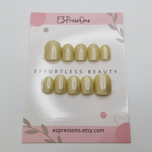 Size Medium Lemon Shimmer Hand-Painted Press On Nails: XX-Short Square