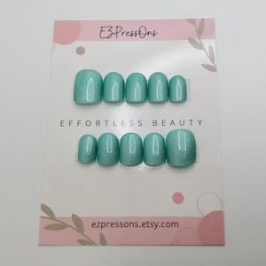 Size Medium Seafoam Green Shimmer Hand-Painted Press On Nails: XX-Short Square