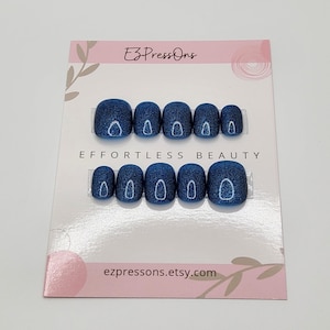 Size Medium Midnight Sapphire Glitter Hand-Painted Press On Nails: X-Short Square/Squoval