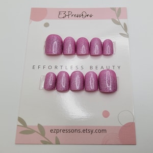Size Medium Pink-Violet Shimmer Hand-Painted Press On Nails: XX-Short Square
