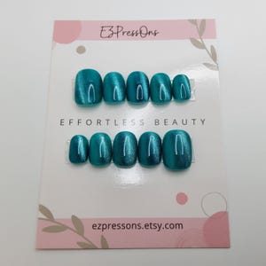 Size Small Deep Teal Cat-Eye Hand-Painted Press On Nails: X-Short Square/Squoval