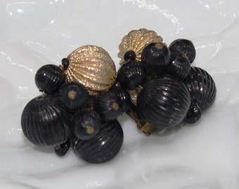 Vintage Clip Earrings: Black Gold Plastic & Glass Beads West German 1950s