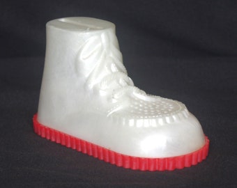 Vintage Bank: White & Red Pearlized Hard Plastic High Top Baby Shoe, 1960s