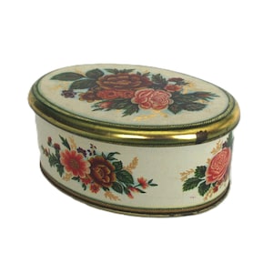 Vintage Candy Tin: Meister / Brazil, Floral / Flowers, Small Oval w/ Loose Lid, 6&quot;