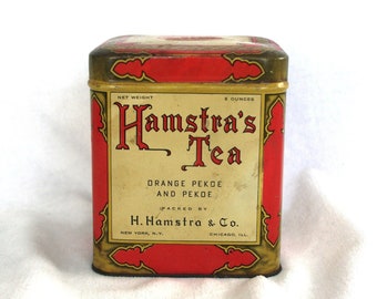 Vintage Tea Tin Canister: "Hamstra's Tea / Orange Pekoe and Pekoe" Orange, Gold, & Black