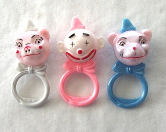 CHOICE - Vintage Toy Rattle: White Pig in Hat, Pink Clown, Blue Pig in Hat, Pearlized Plastic, 1960s