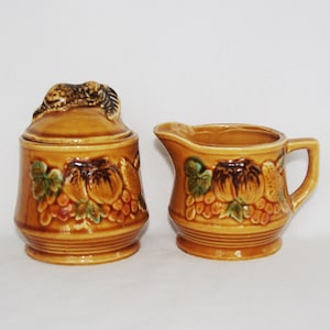 Vintage Zucker & Milchkännchen: Braun / Gold mit Früchten, &quot;Japan&quot; 1970er Jahre