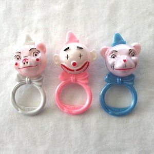 CHOICE - Vintage Toy Rattle: White Pig in Hat, Pink Clown, Blue Pig in Hat, Pearlized Plastic, 1960s