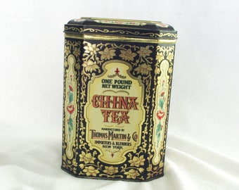 Vintage Tea Tin Canister: "China Tea / Thomas Martin & Co." Daher, Octagonal w/ Hinged Lid, Black + Gold, w/ Lotus Flowers