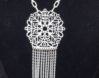 Vintage 1970s Necklace: Crown Trifari White Pendant & Chain with White Chain Tassel