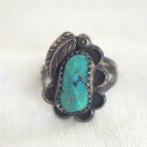 Vintage Sterling & Turquoise Ring: Chunk w/ Squash Blossom / Leaf + Scallops, 1960s