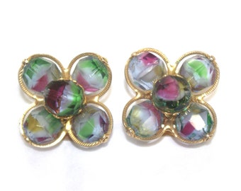 Vintage Clip Earrings: Givre / Iris / Czech Glass Flowers, Pink, Green, White, Yellow