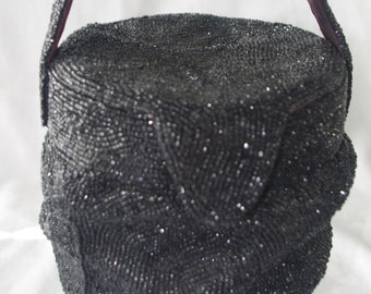 Vintage Evening Bag: K & G Charlet Paris New York 1930s Drum-Shaped Beaded w/ Black Beads