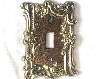 Vintage Light Switch Cover: Ornate Gold Metal w/ Flowers / Scrolls, &quot;M.C. Co.&quot; 1960s -1970s