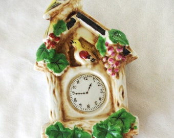 Vintage Cuckoo Clock Wall Pocket Planter: Green & Brown w/ Two Birds, Made in Japan