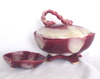 Vintage Covered Compote / Candy Dish: Johannes Brahm California Pottery #865, Maroon & White, w/ Bonus Nut Dish