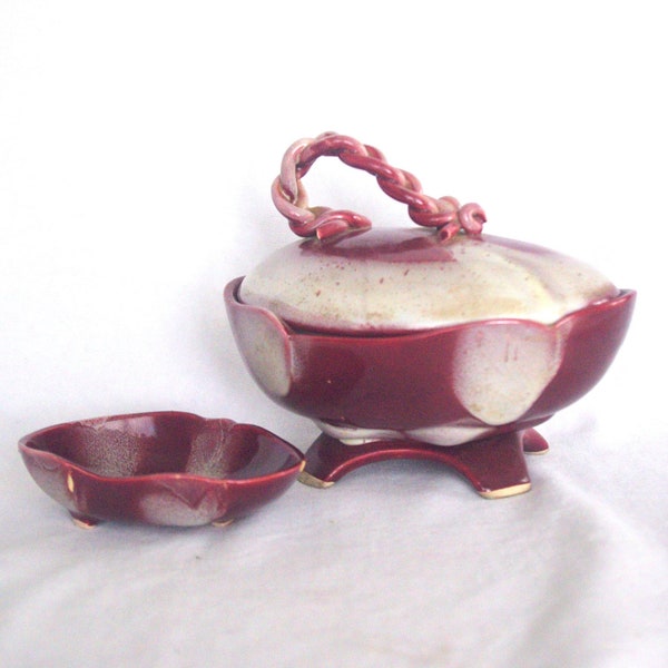 Vintage Covered Compote / Candy Dish: Johannes Brahm California Pottery #865, Maroon & White, w/ Bonus Nut Dish