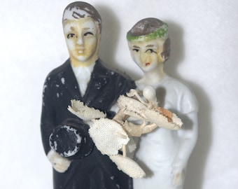 1920s Bisque Wedding Cake Topper: Bride with Flowers and Groom, Painted, Japan, 4"