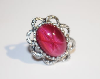 Vintage Costume / Cocktail Ring: Pink "Star Sapphire" on Adjustable Silver Band, 1960s