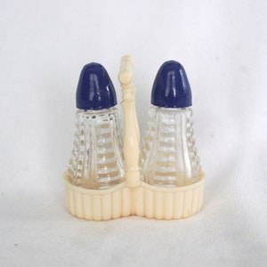 Vintage Salt & Pepper: Tiny Molded Glass w/ Navy Blue Hard Plastic Lids / Off-White Carrier, 1950s