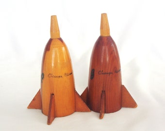 Vintage Salt & Pepper: Wood / Wooden Rocket Ship / Space Ship "Chicago" Souvenir, 1950s