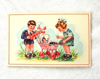 Vintage Postcard: 1940s Boy & Girl w/ Baby Doll in Stroller, Unused / Uncirculated