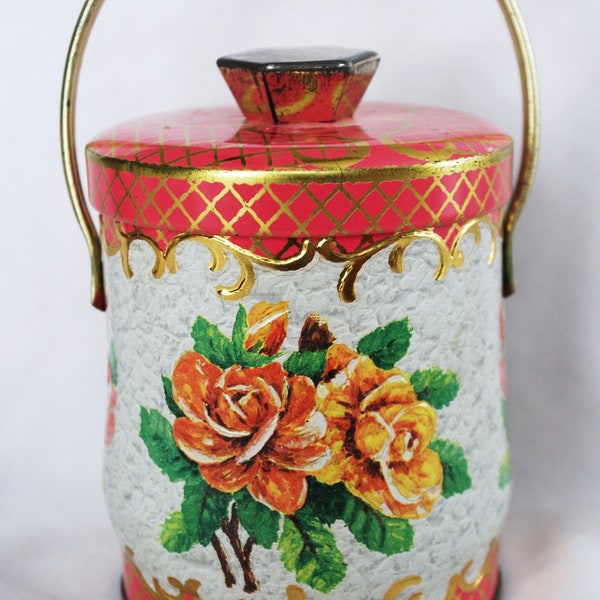 Vintage English Candy / Biscuit Tin Canister with Handle: "Roses" w/ Lid & Handle, Murray-Allen
