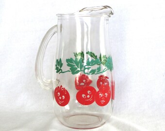 Vintage Juice Pitcher: Anthropomorphic / Anthro Smiling Tomatoes & Leaves, 7.5"