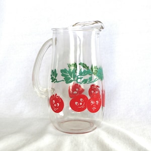 Vintage Juice Pitcher: Anthropomorphic / Anthro Smiling Tomatoes & Leaves, 7.5&quot;