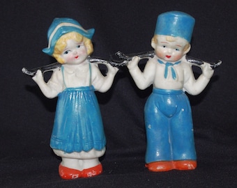 2 Vintage Bisque Dolls: Large Dutch Boy & Girl with Yoke 5.75" Japan