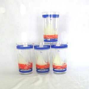 Vintage MCM Beverage / Tumbler / Glass Set: Red, White, Blue Sailboats w/ Blue Band, 1940s-1950s