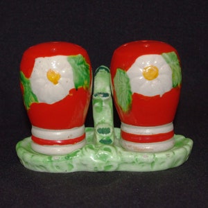 Vintage Salt & Pepper on Stand: Orange-Red w/ Flowers on Green stand, 1940s, Japan