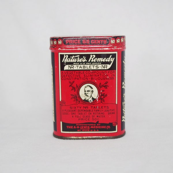 Vintage Advertising Tin: Nature's Remedy NR Vegetable Laxative, 60 Tablet Size, Red & Black