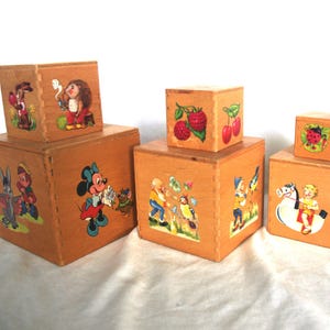 6 Vintage Wooden Stacking / Nesting Boxes / Blocks w/ Disney, Elf, Etc. Decals & Finger Joint Edges, 1940s / 40s